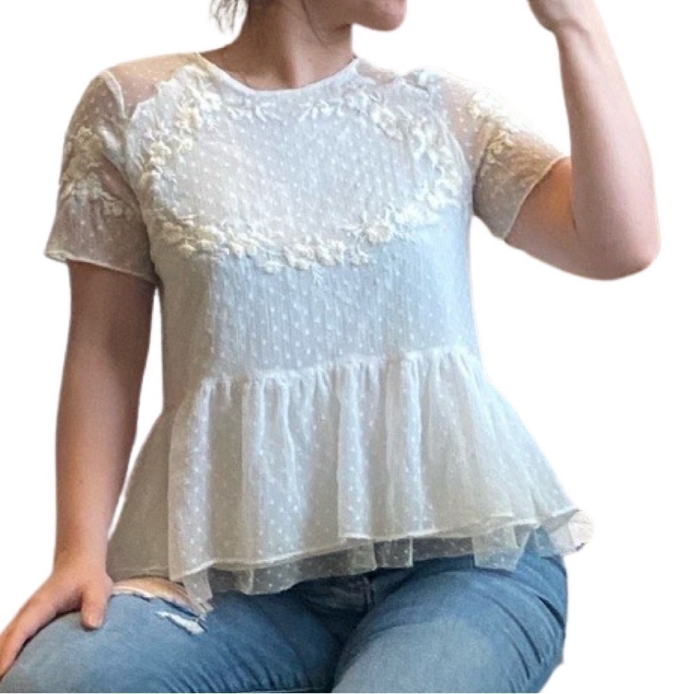 Zara Trafaluc collection off-white Swiss dot embroidered peplum top